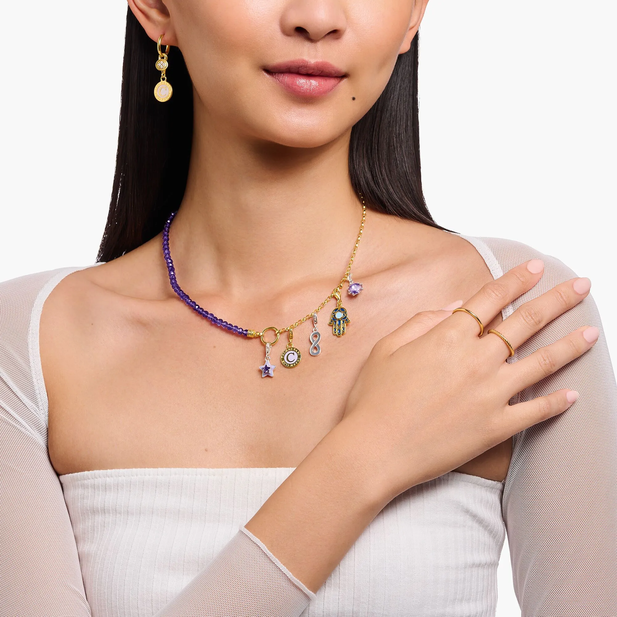Thomas Sabo Damenketten Gold Member Charm Halskette mit violetten Perlen