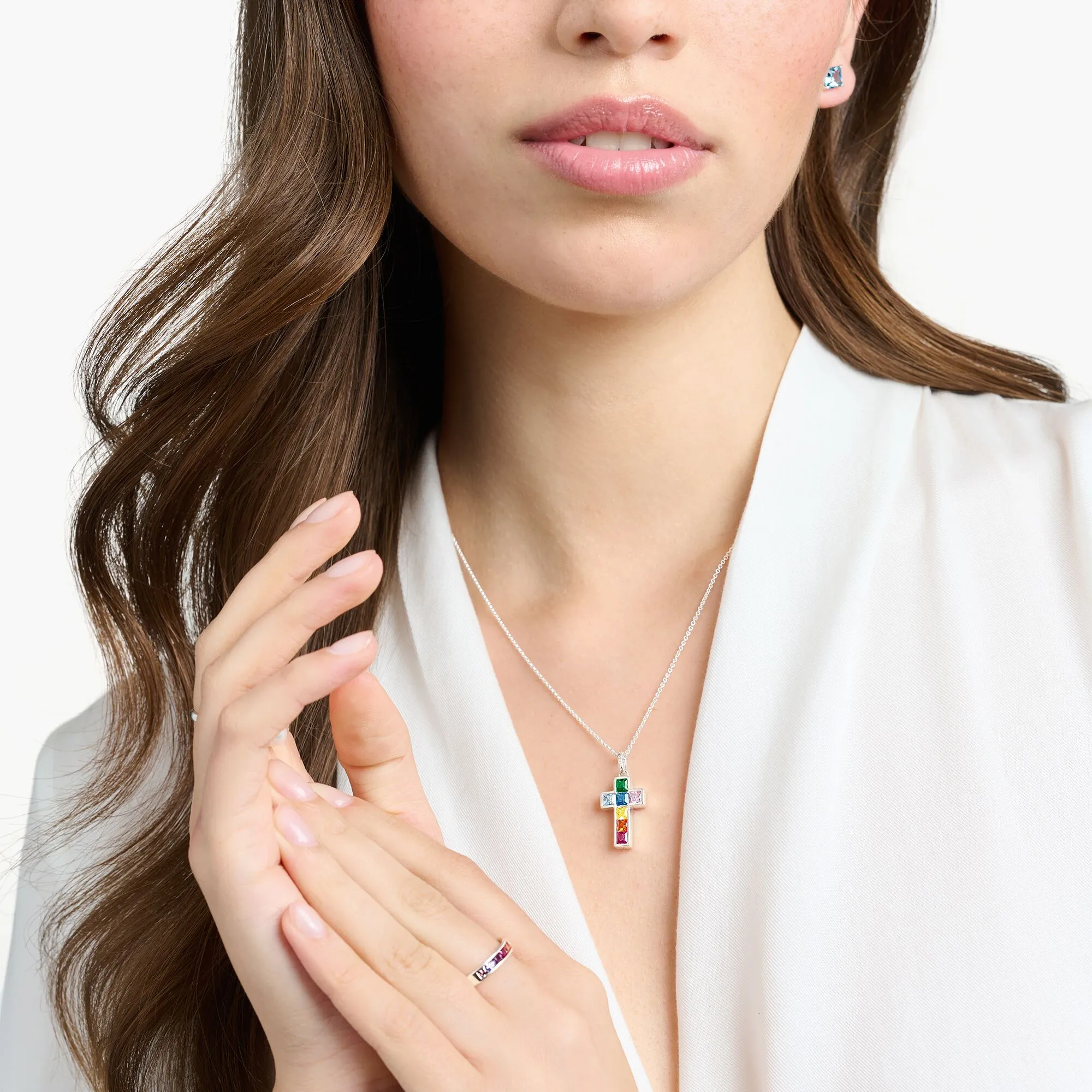 Thomas Sabo Damenketten Halskette Kreuz bunte Steine Silber