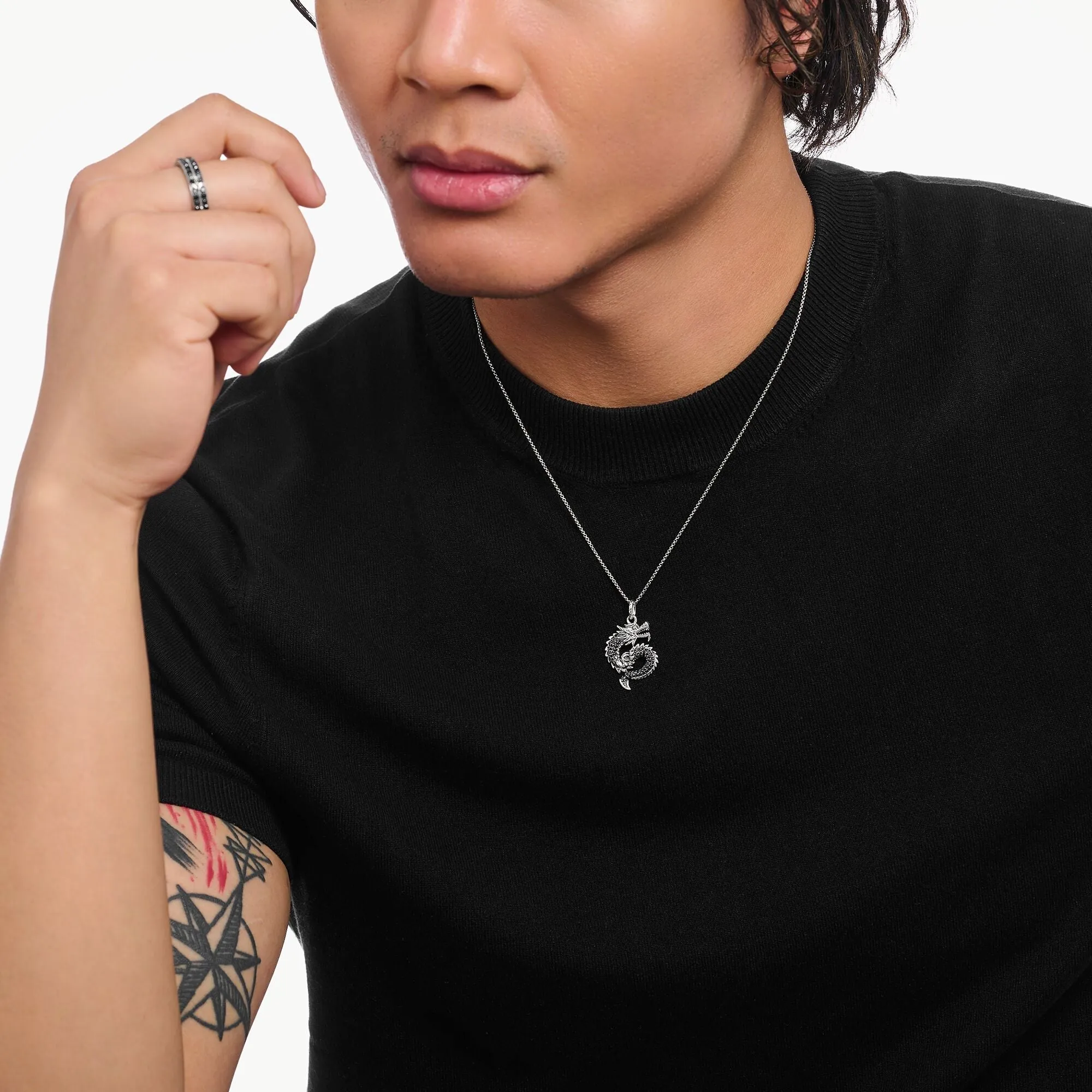 Thomas Sabo Damen Halsketten Halskette mit Drachenanhänger und schwarzen Steinen