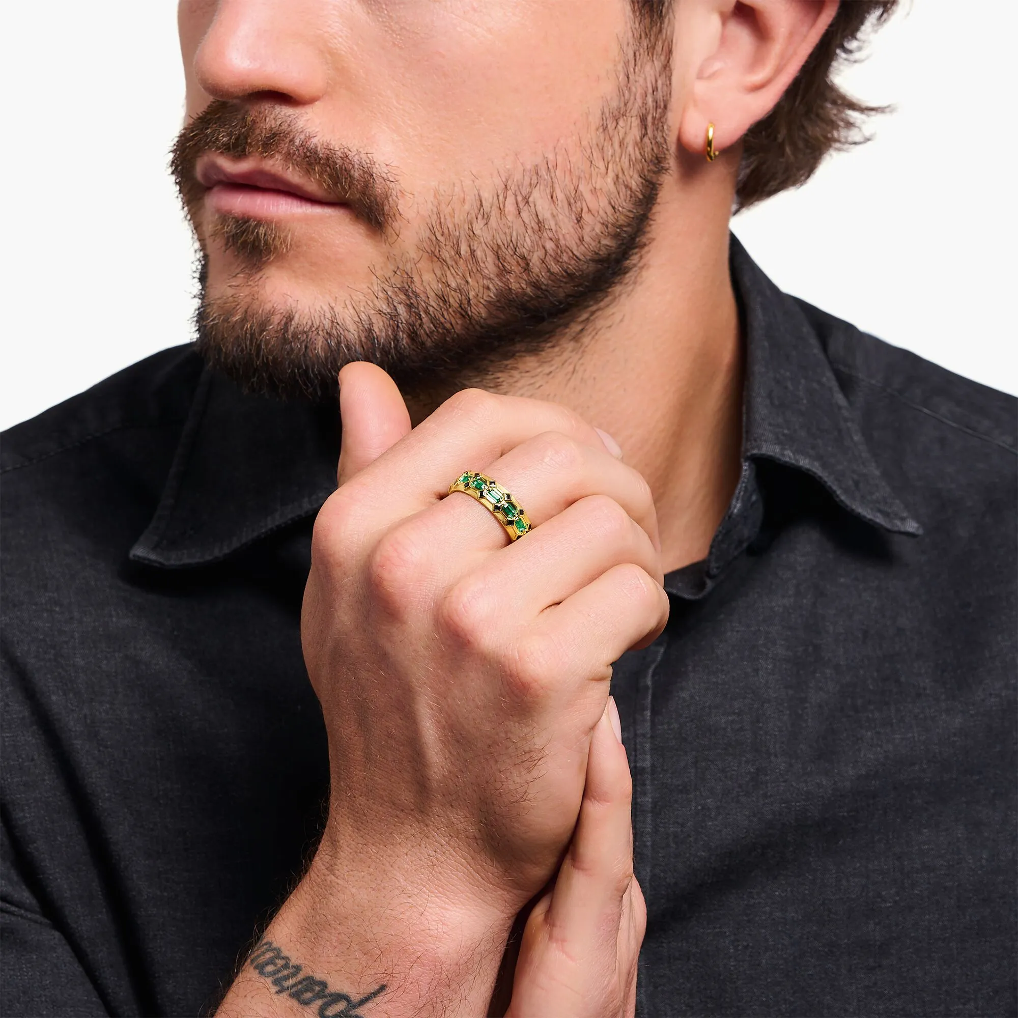 Thomas Sabo Damenringe Breiter Krokodilring mit grünen Steinen in Goldoptik