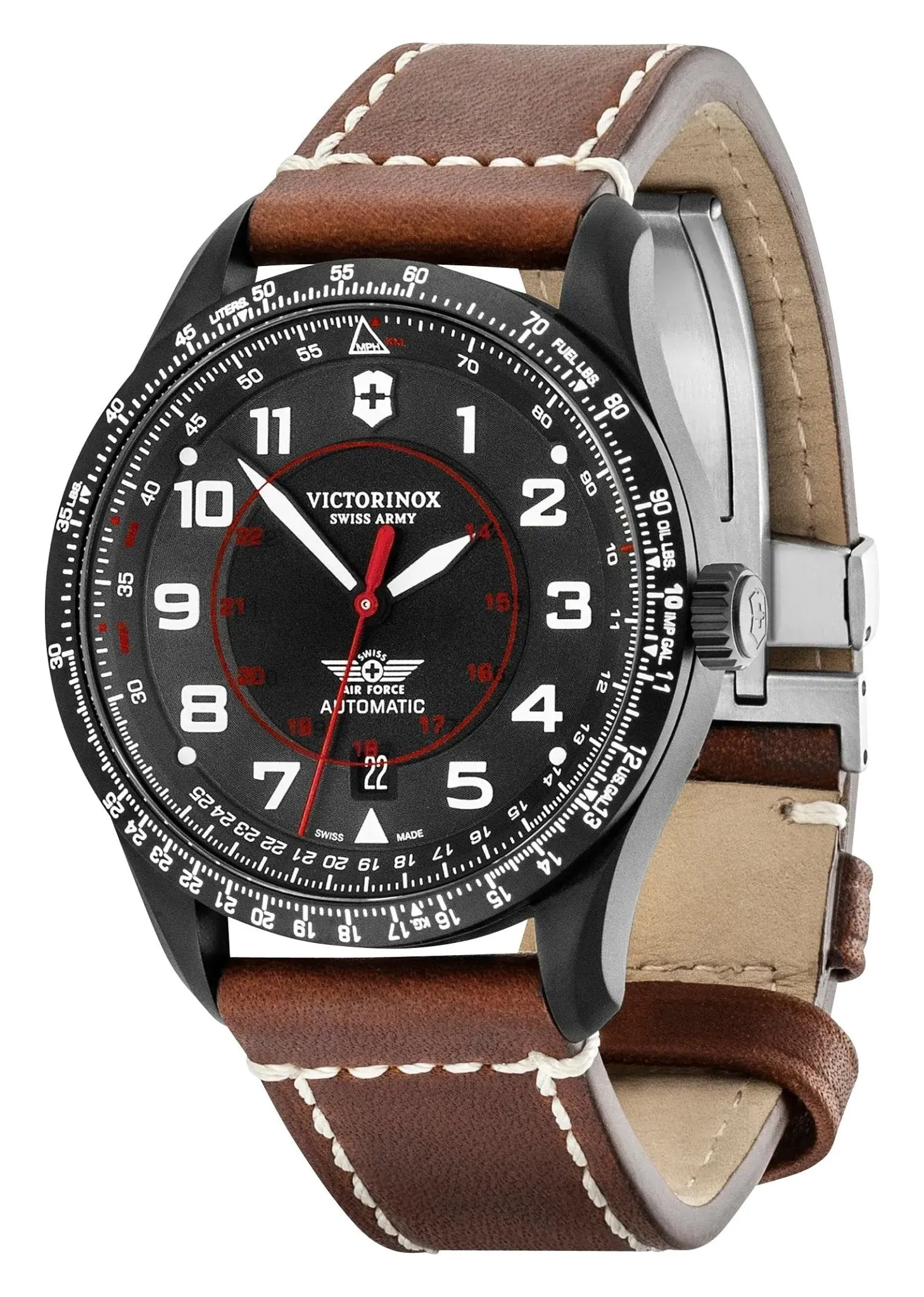 Victorinox Swiss Army Airboss Mechanische Automatikuhr Schwarz Edelstahl Schwarzes Zifferblatt Brauner Lederarmband Datum Herrenuhr 241886 Victorinox Swiss Army Uhren