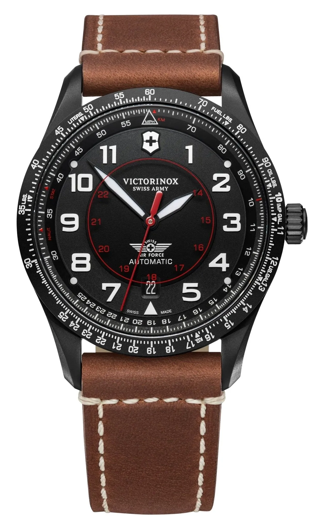 Victorinox Swiss Army Airboss Mechanische Automatikuhr Schwarz Edelstahl Schwarzes Zifferblatt Brauner Lederarmband Datum Herrenuhr 241886 Victorinox Swiss Army Uhren