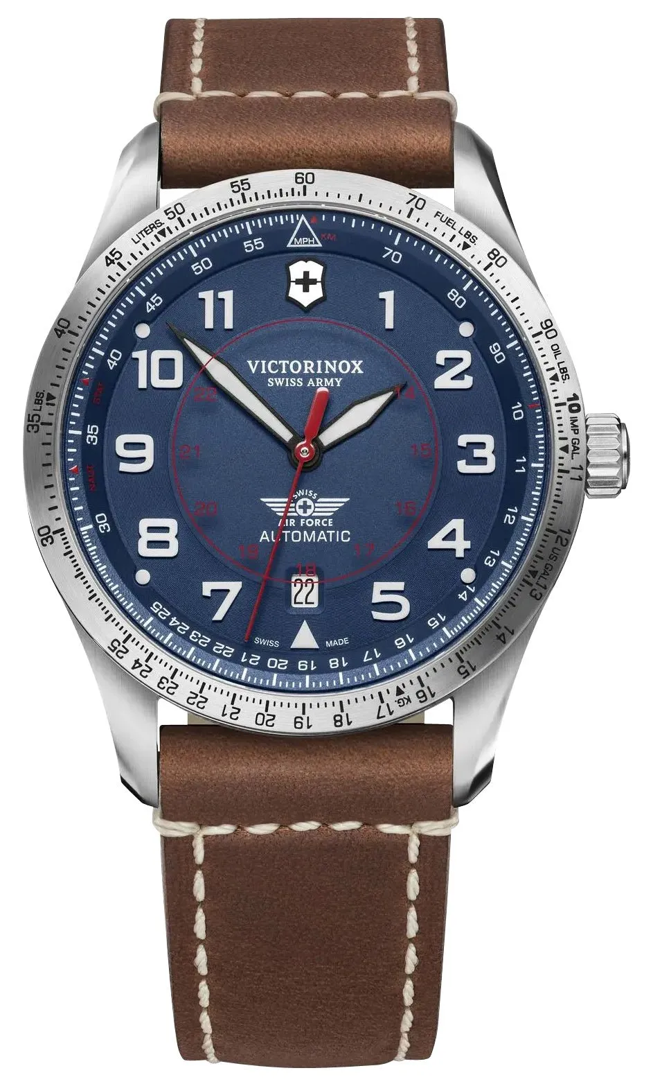 Victorinox Swiss Army Airboss Mechanische Automatikuhr Edelstahl Blaues Zifferblatt Braunes Lederarmband Datum Herrenuhr 241887 Victorinox Swiss Army Uhren