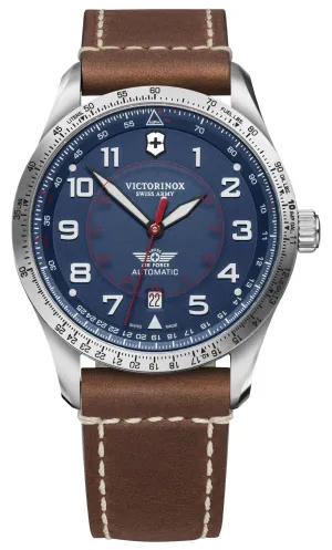 Victorinox Swiss Army Airboss Mechanische Automatikuhr Edelstahl Blaues Zifferblatt Braunes Lederarmband Datum Herrenuhr 241887 Victorinox Swiss Army Uhren