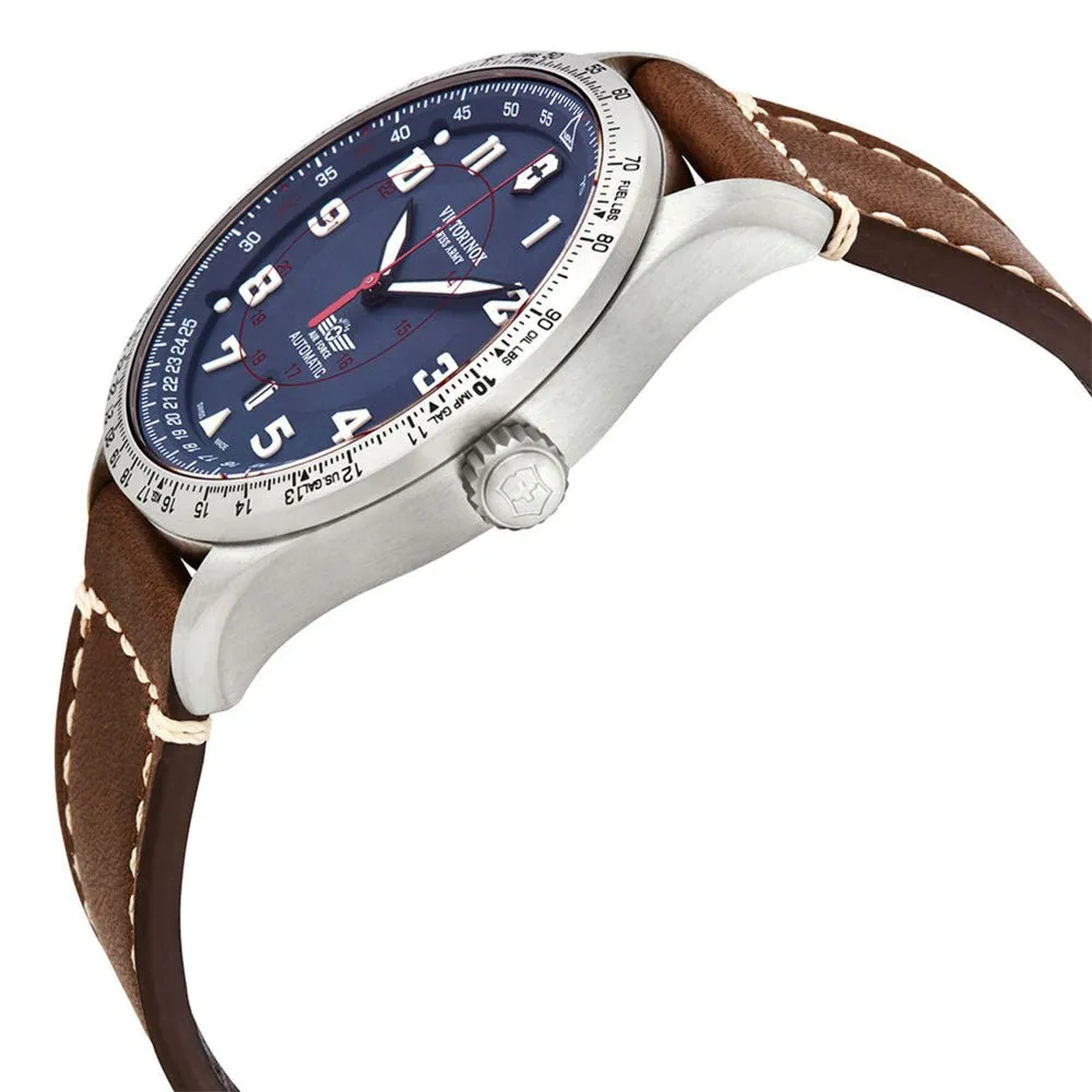 Victorinox Swiss Army Airboss Mechanische Automatikuhr Edelstahl Blaues Zifferblatt Braunes Lederarmband Datum Herrenuhr 241887 Victorinox Swiss Army Uhren