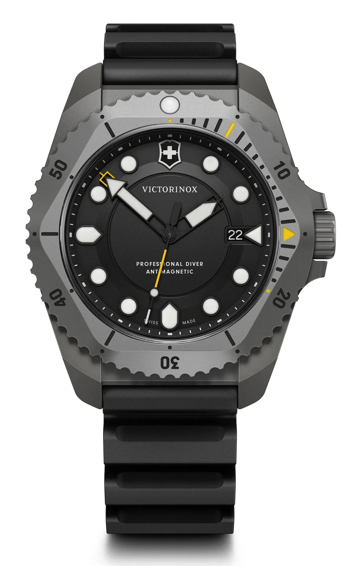 Victorinox Swiss Army Dive Pro Grau Titanium Schwarzes Zifferblatt Schwarzes Nylon Austauschbares Schwarzes Gummiarmband Datum Taucher Quarz Herrenuhr 241993.1 Victorinox Swiss Army Uhren