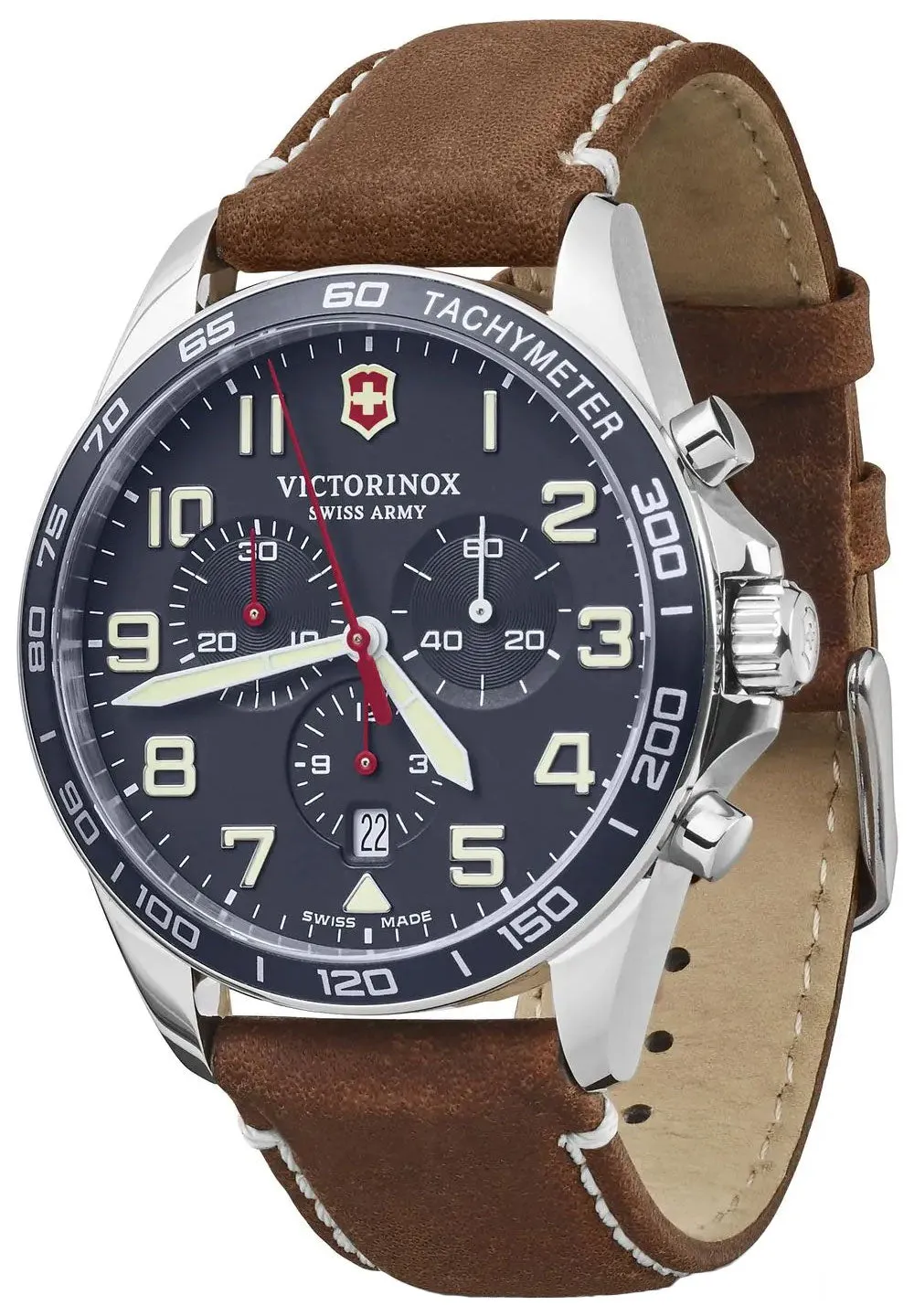 Victorinox Swiss Army FieldForce Chronograph Herrenuhr Edelstahl Brauner Lederarmband Blaues Zifferblatt Datum 241854 Victorinox Swiss Army Uhren