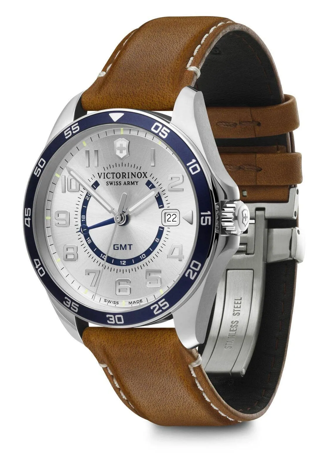 Victorinox Swiss Army FieldForce Classic GMT Herrenuhr mit Karamell-Lederarmband, silbernem Zifferblatt und Datumsanzeige 241931 Victorinox Swiss Army Uhren