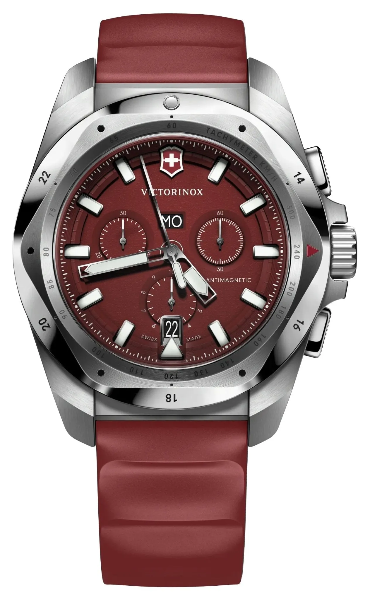 Victorinox Swiss Army I.N.O.X. Chronograph Edelstahl Rot Zifferblatt Roter Gummiarmband Tag/Datum Taucher Quarz Herrenuhr 241986 Victorinox Swiss Army Uhren