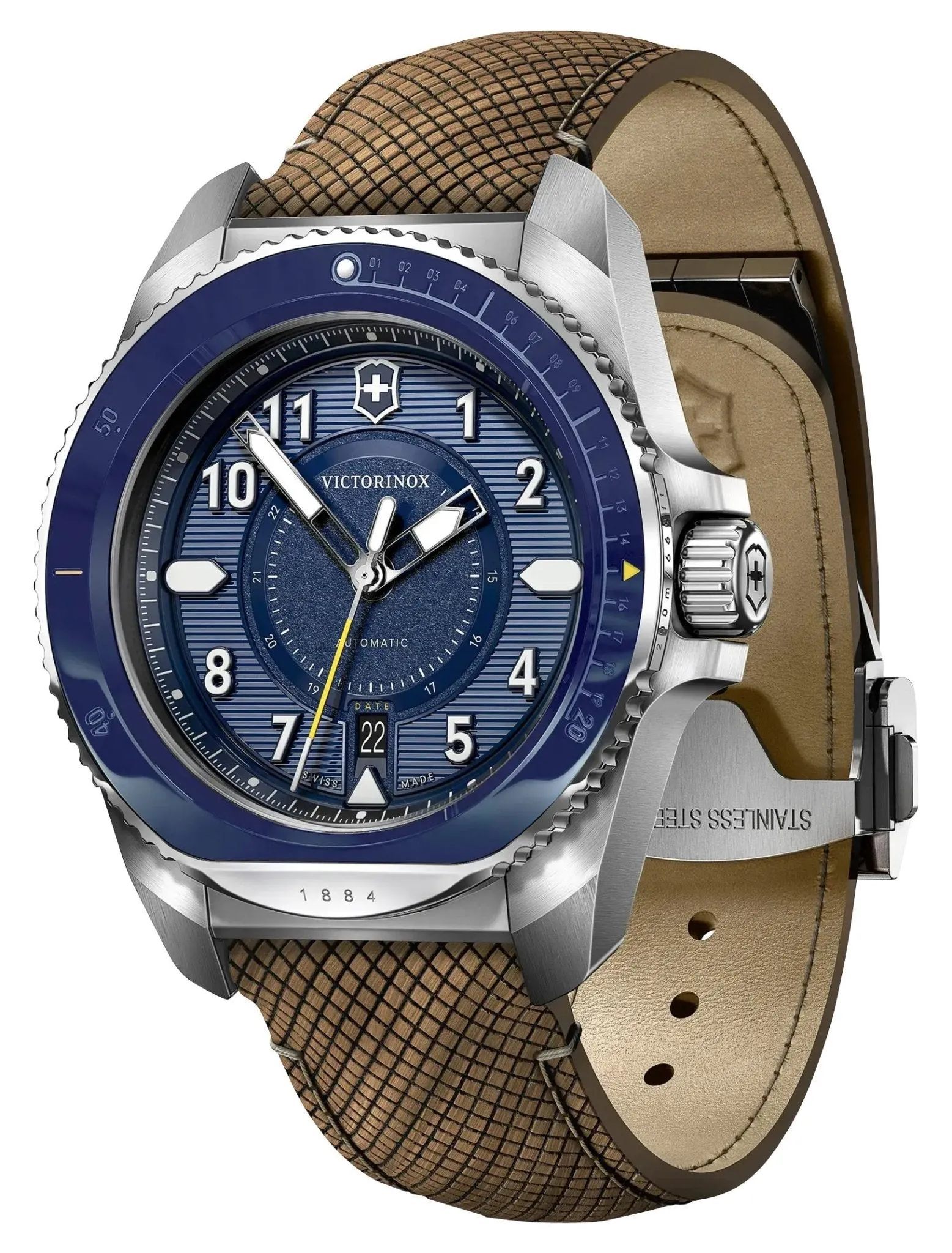 Victorinox Swiss Army Journey 1884 Automatik Edelstahl Blaues Zifferblatt Brauner Lederband Wechselbares Blaues Gummiarmband Datum Taucher Herrenuhr 241980.1 Victorinox Swiss Army Uhren