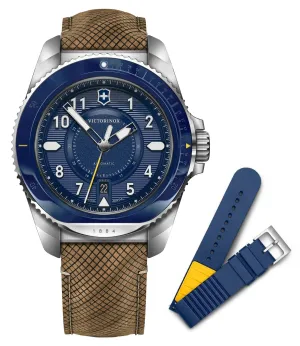 Victorinox Swiss Army Journey 1884 Automatik Edelstahl Blaues Zifferblatt Brauner Lederband Wechselbares Blaues Gummiarmband Datum Taucher Herrenuhr 241980.1 Victorinox Swiss Army Uhren