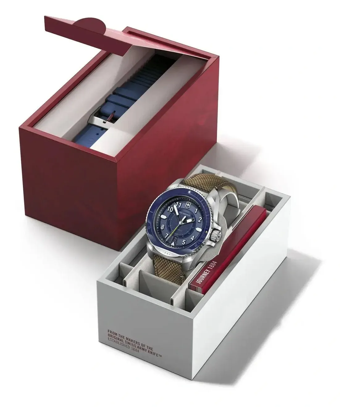 Victorinox Swiss Army Journey 1884 Automatik Edelstahl Blaues Zifferblatt Brauner Lederband Wechselbares Blaues Gummiarmband Datum Taucher Herrenuhr 241980.1 Victorinox Swiss Army Uhren
