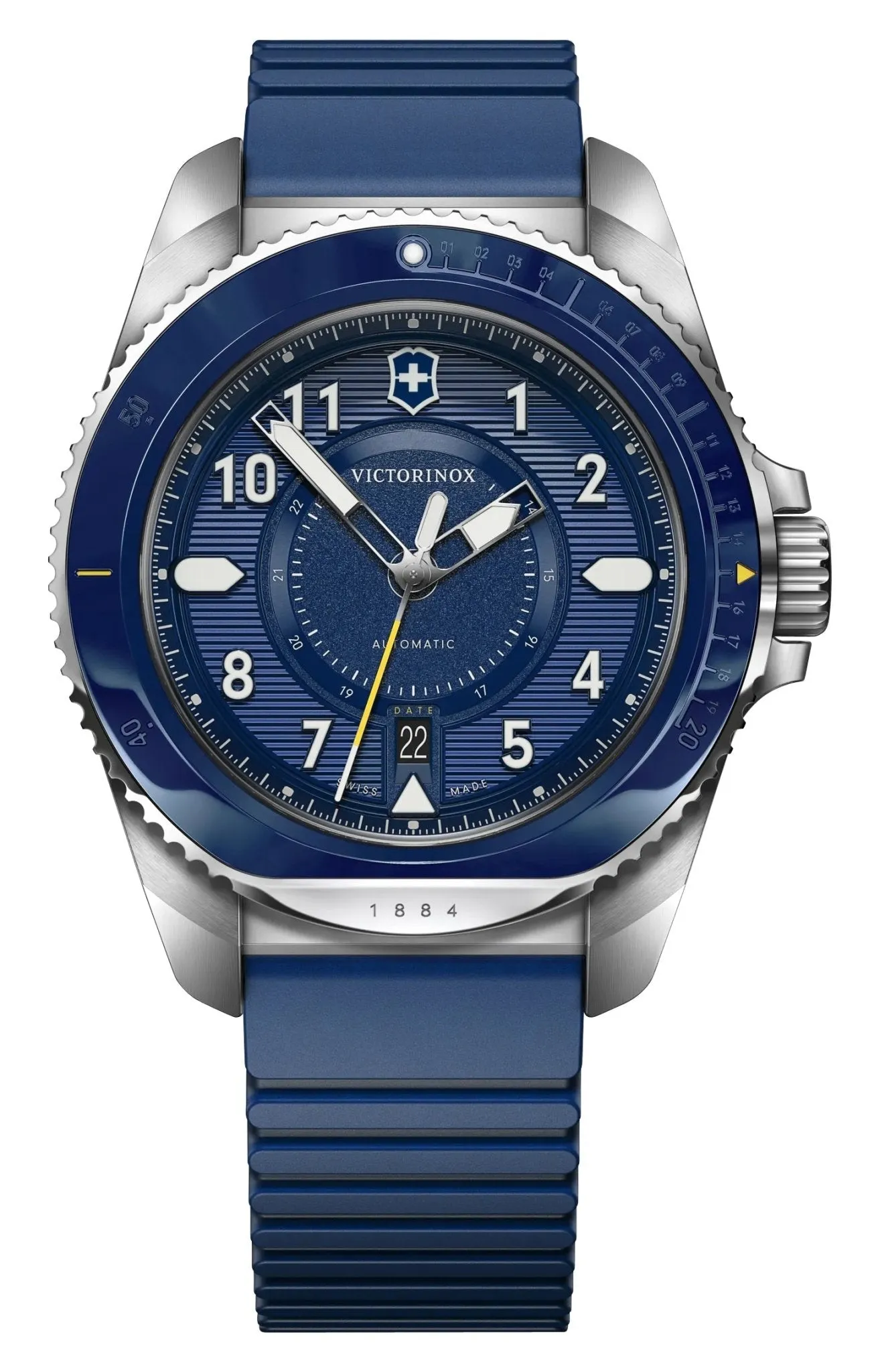 Victorinox Swiss Army Journey 1884 Automatik Edelstahl Blaues Zifferblatt Brauner Lederband Wechselbares Blaues Gummiarmband Datum Taucher Herrenuhr 241980.1 Victorinox Swiss Army Uhren