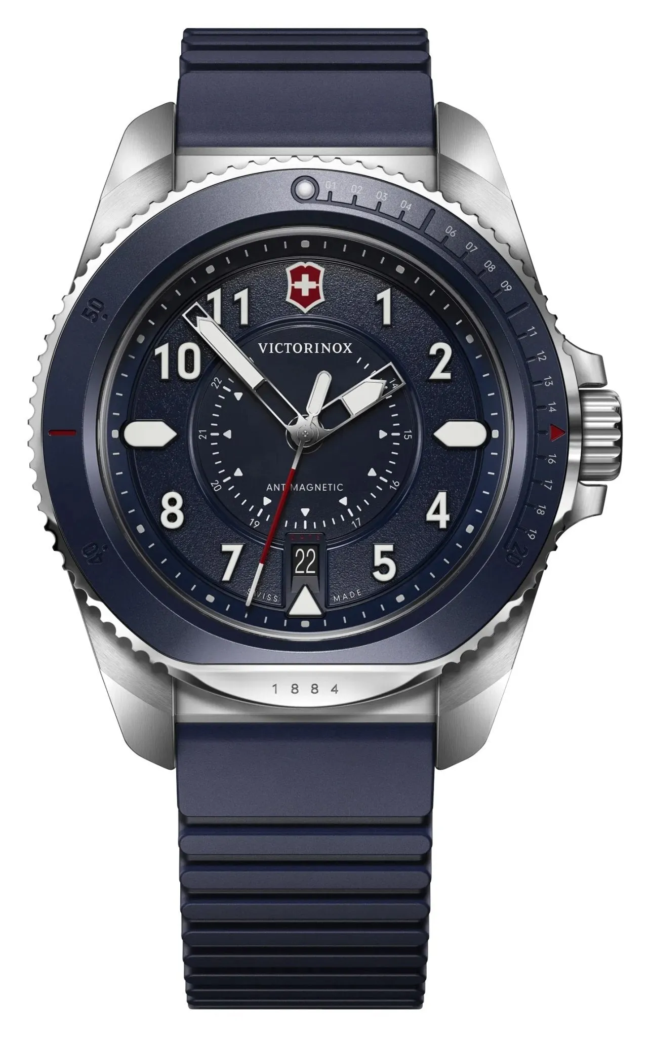 Victorinox Swiss Army Journey 1884 Edelstahl Blaues Zifferblatt Blaues Gummiarmband Datum Taucher Quarz Herrenuhr 241975 Victorinox Swiss Army Uhren