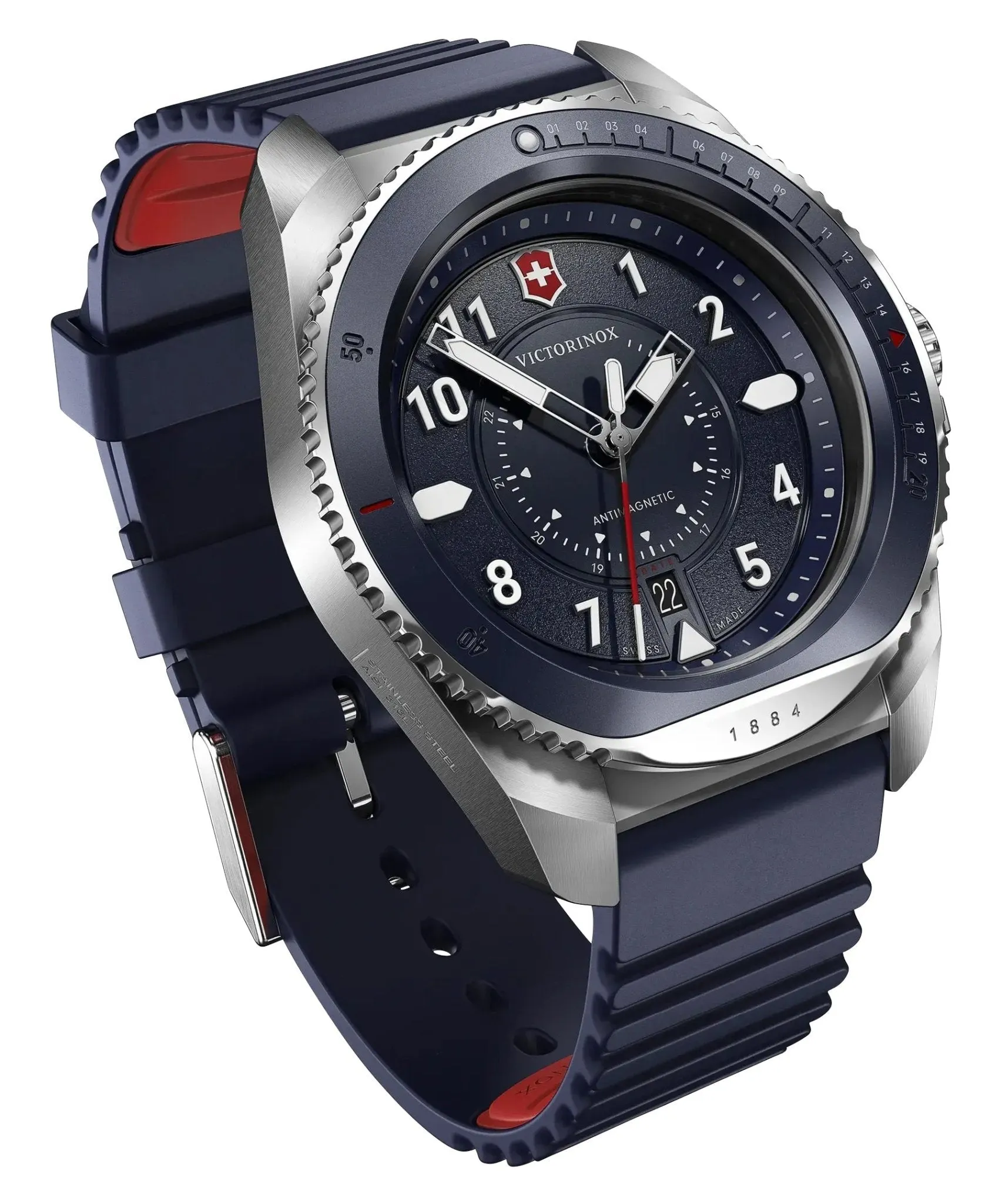 Victorinox Swiss Army Journey 1884 Edelstahl Blaues Zifferblatt Blaues Gummiarmband Datum Taucher Quarz Herrenuhr 241975 Victorinox Swiss Army Uhren