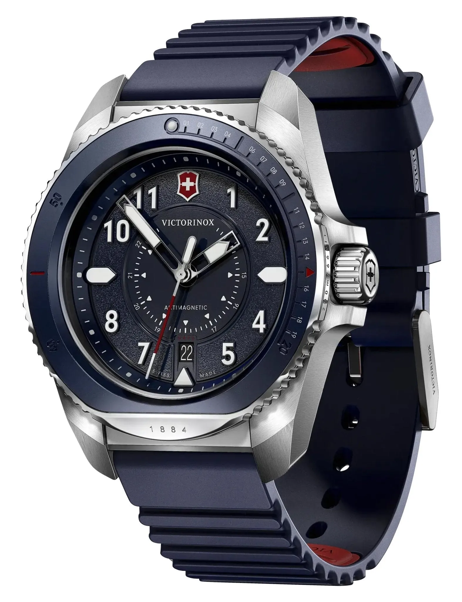 Victorinox Swiss Army Journey 1884 Edelstahl Blaues Zifferblatt Blaues Gummiarmband Datum Taucher Quarz Herrenuhr 241975 Victorinox Swiss Army Uhren